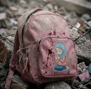 Blood-stained schoolbag in Iran
